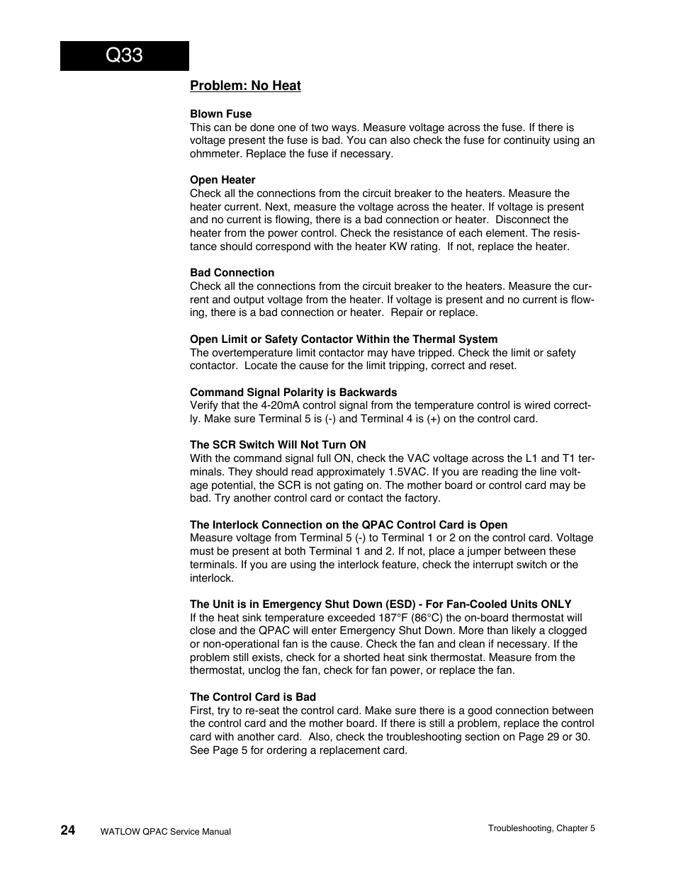 Problem: no heat, Q33 troubleshooting | Watlow QPAC Modular SCR Power Control Service User Manual | Page 24 / 43