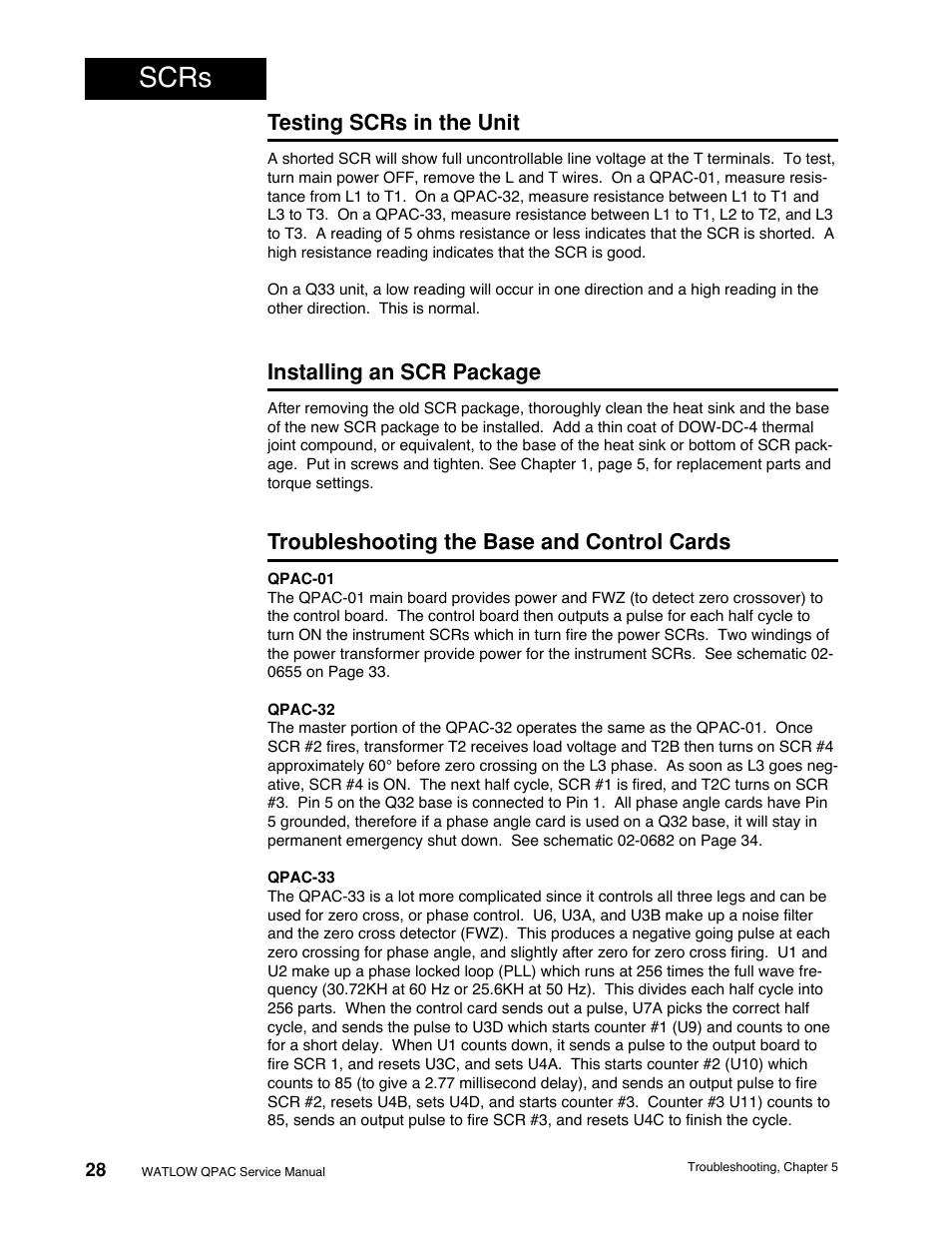 Testing scrs in the unit, Installing an scr package, Troubleshooting the base and control cards | Scrs | Watlow QPAC Modular SCR Power Control Service User Manual | Page 28 / 43