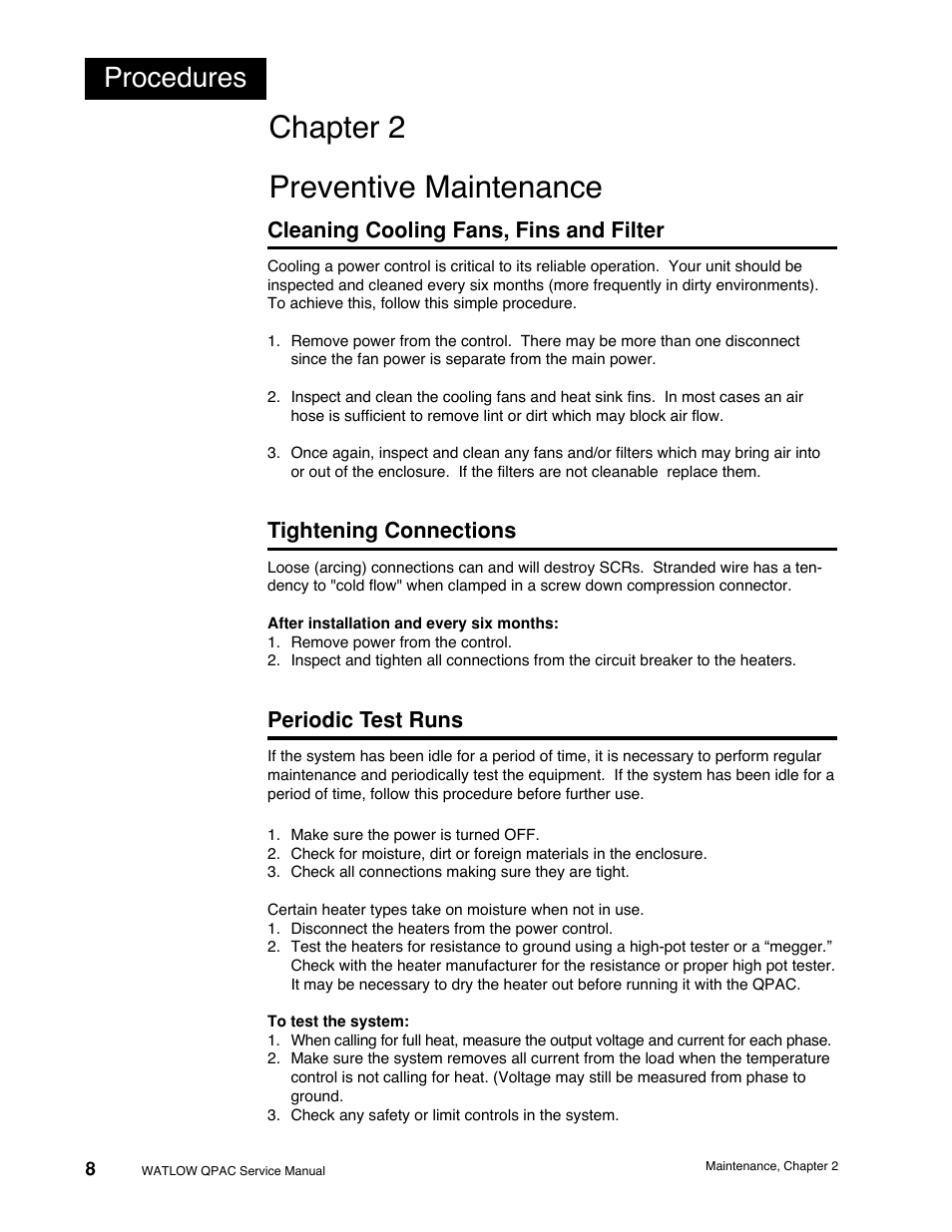 Chapter 2, Preventive maintenance, Cleaning cooling fans, fins and filter | Tightening connections, Periodic test runs, Preventative maintenance, Chapter 2 preventive maintenance, Procedures | Watlow QPAC Modular SCR Power Control Service User Manual | Page 8 / 43