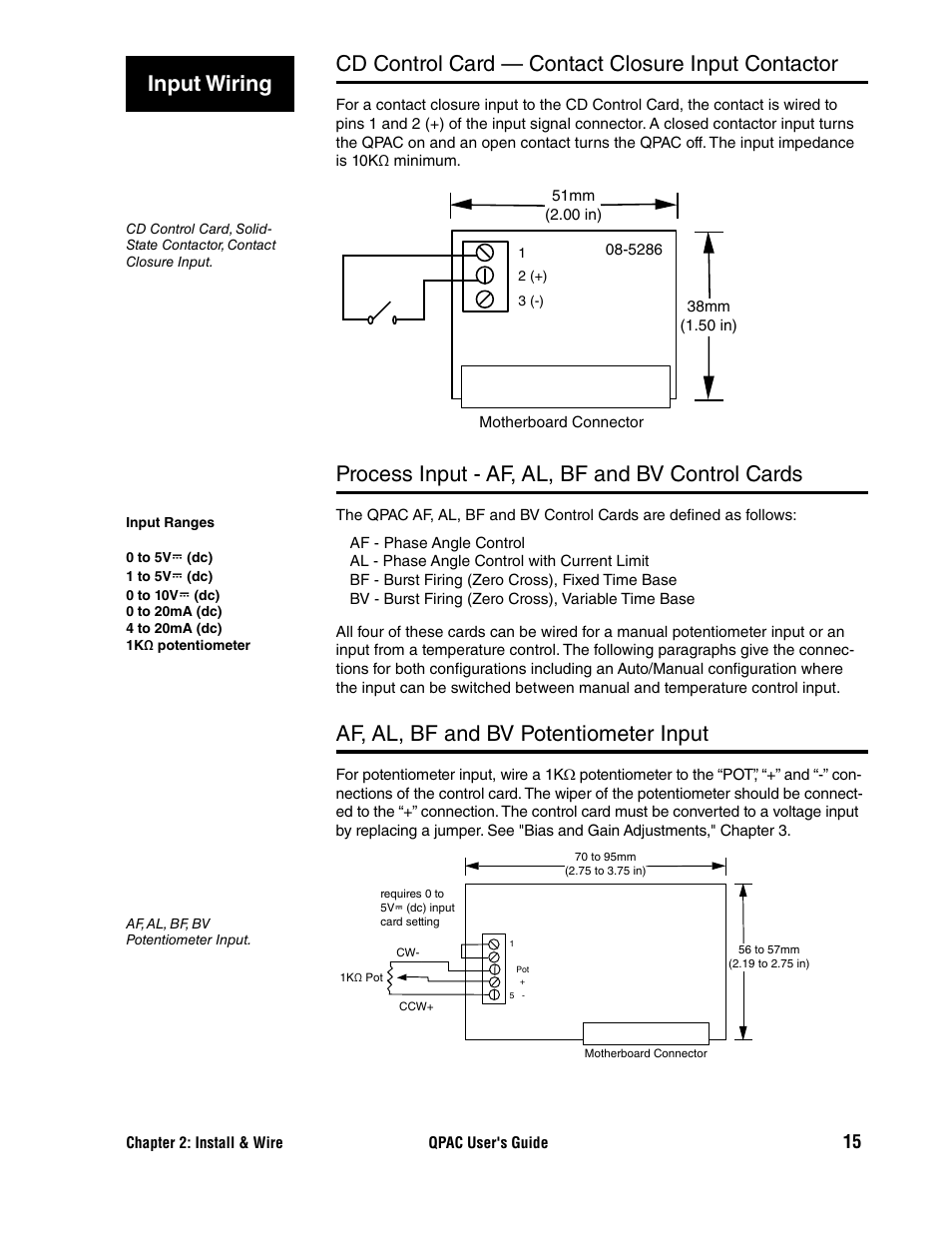 Process input - af, al, bf and bv control cards, Af, al, bf and bv potentiometer input, Cd control card — contact closure input contactor | Input wiring | Watlow QPAC User Manual | Page 15 / 34