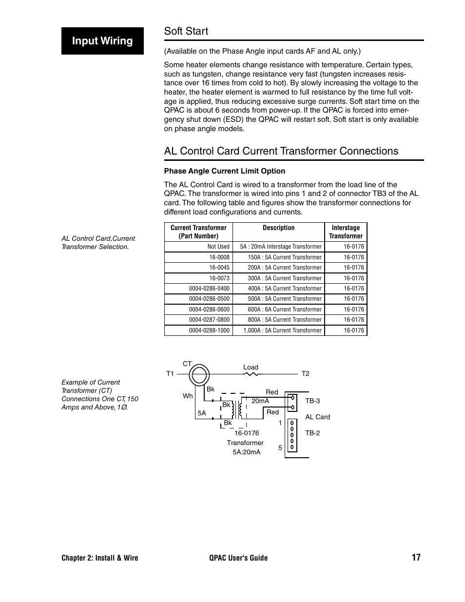 Soft start, Al control card current transformer connections, Input wiring | Watlow QPAC User Manual | Page 17 / 34