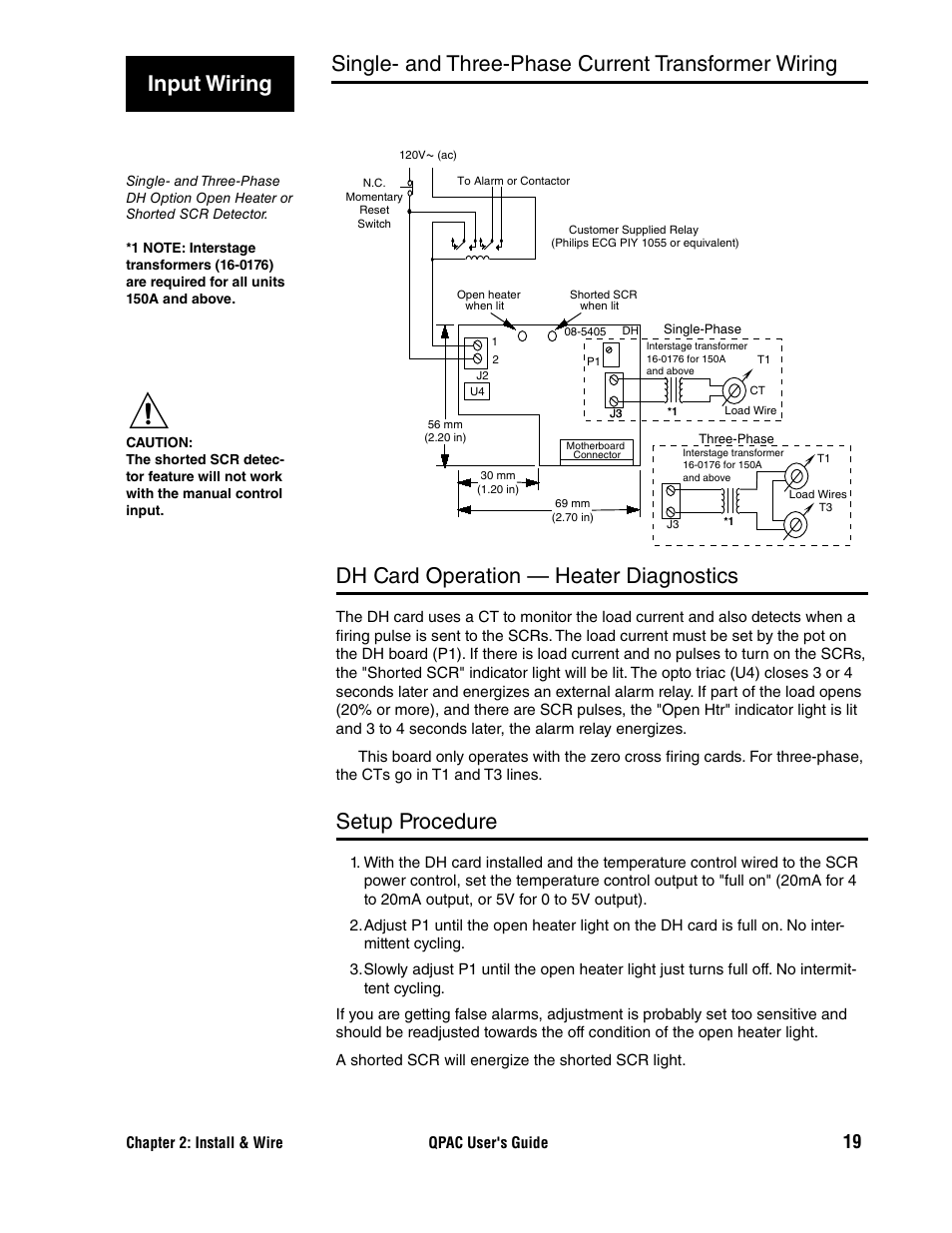 Single- and three-phase current transformer wiring, Dh card operation — heater diagnostics, Setup procedure | Input wiring | Watlow QPAC User Manual | Page 19 / 34