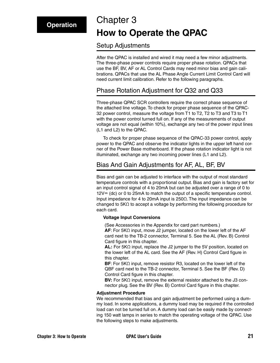 Chapter 3, How to operate the qpac, Setup adjustments | Phase rotation adjustment for q32 and q33, Bias and gain adjustments for af, al, bf, bv, Chapter 3 how to operate the qpac, Operation | Watlow QPAC User Manual | Page 21 / 34