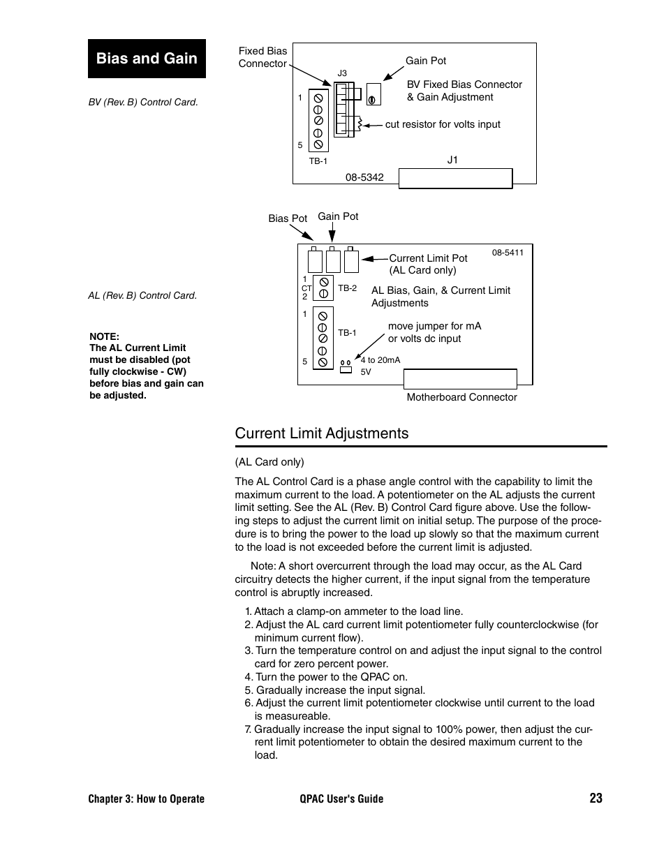 Current limit adjustments, Bias and gain current limit adjustments | Watlow QPAC User Manual | Page 23 / 34