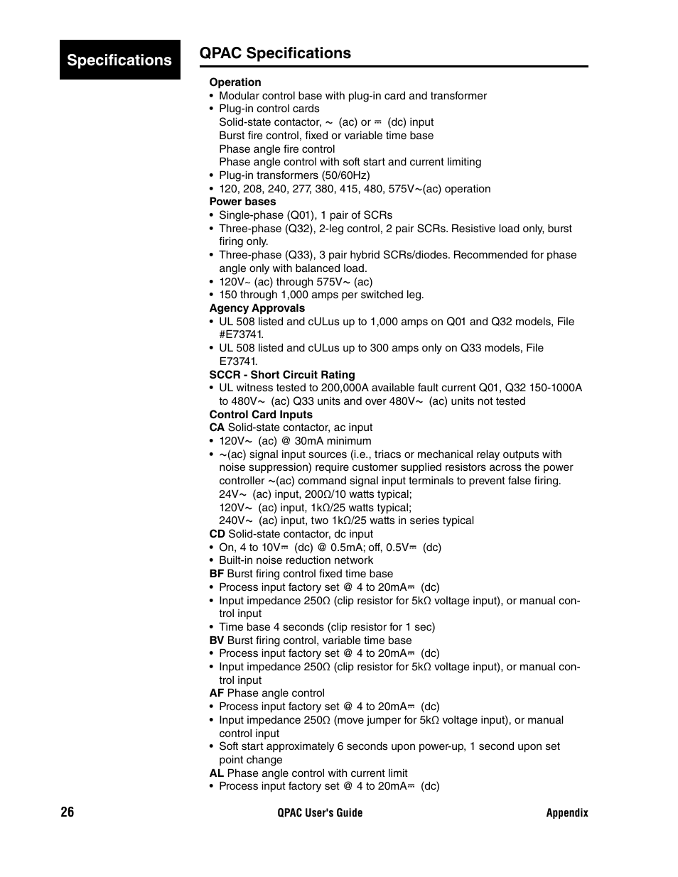 Qpac specifications, Specifications qpac specifications | Watlow QPAC User Manual | Page 26 / 34