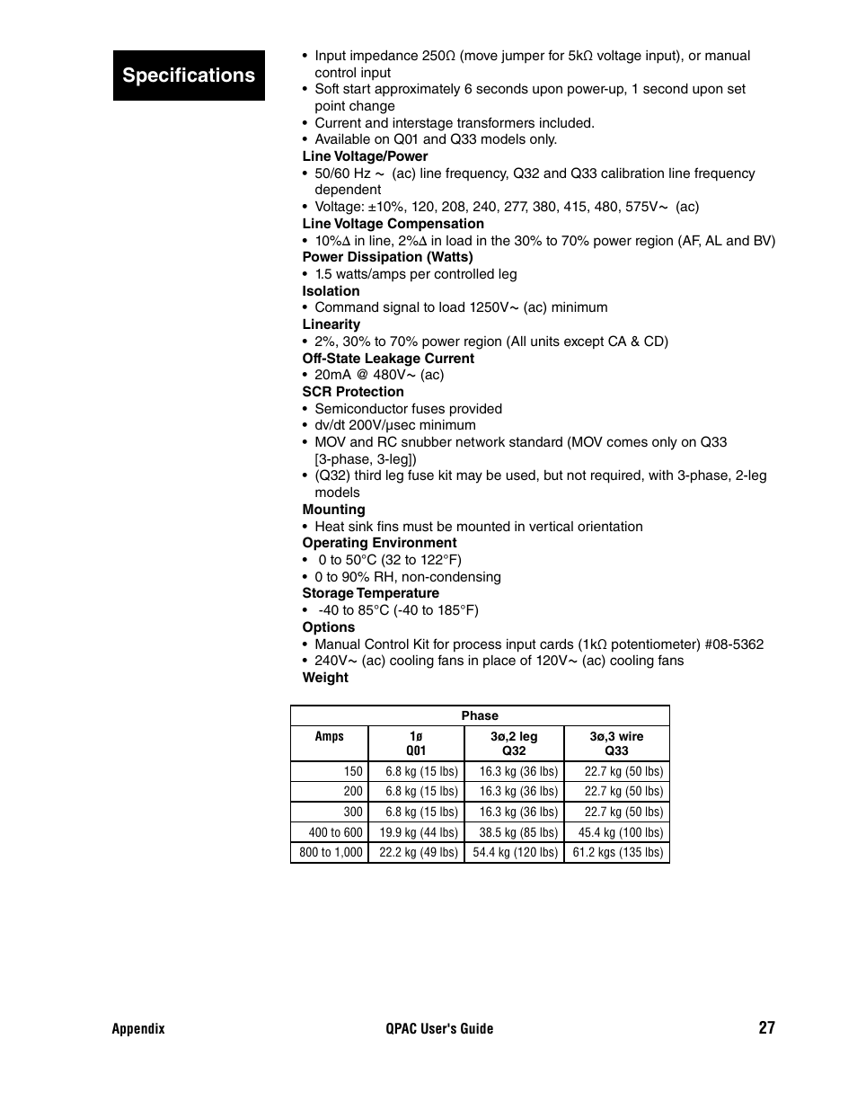 Specifications | Watlow QPAC User Manual | Page 27 / 34