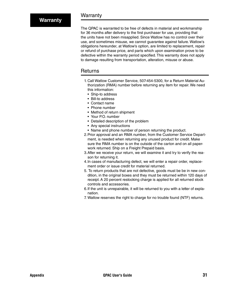 Warranty, Returns | Watlow QPAC User Manual | Page 31 / 34