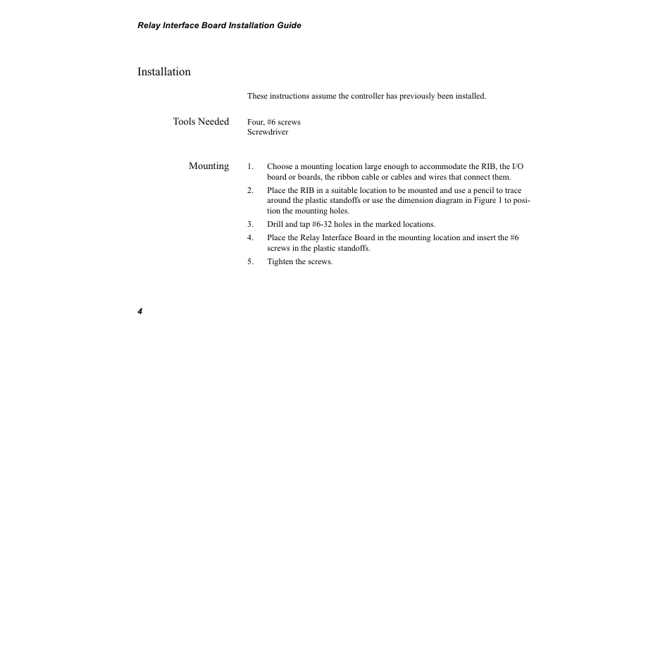 Installation, Tools needed, Mounting | Drill and tap #6-32 holes in the marked locations, Tighten the screws | Watlow Relay Interface Board User Manual | Page 8 / 22