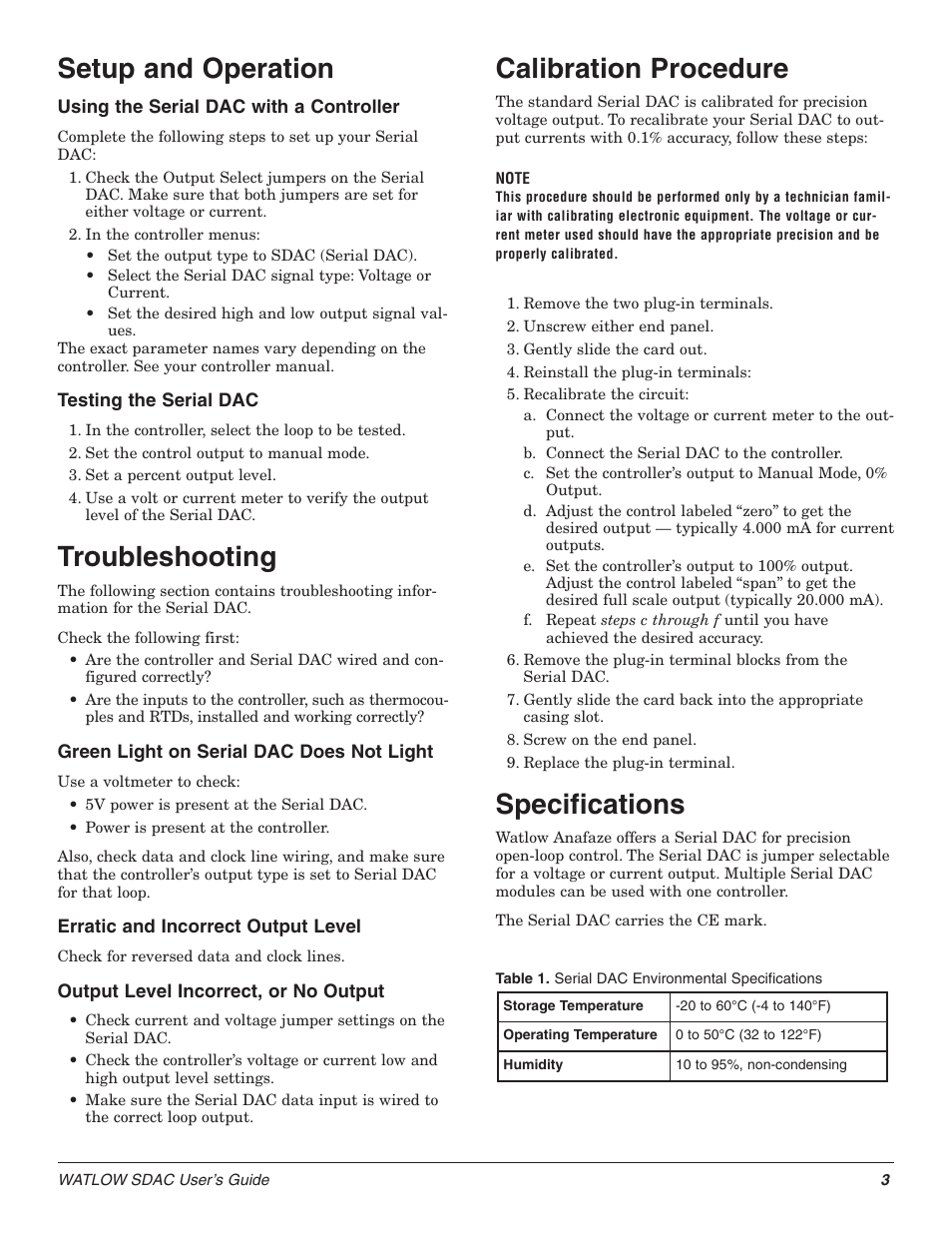 Setup and operation, Troubleshooting, Calibration procedure | Specifications | Watlow SDAC User Manual | Page 3 / 4