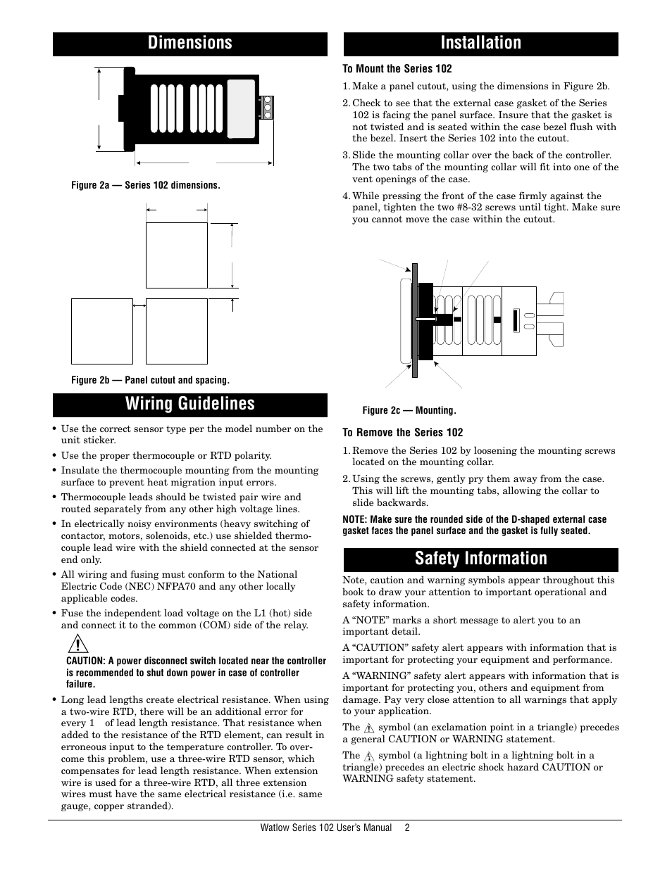 Dimensions, Wiring guidelines, Installation | Safety information, Installation wiring guidelines | Watlow Series 102 User Manual | Page 2 / 6