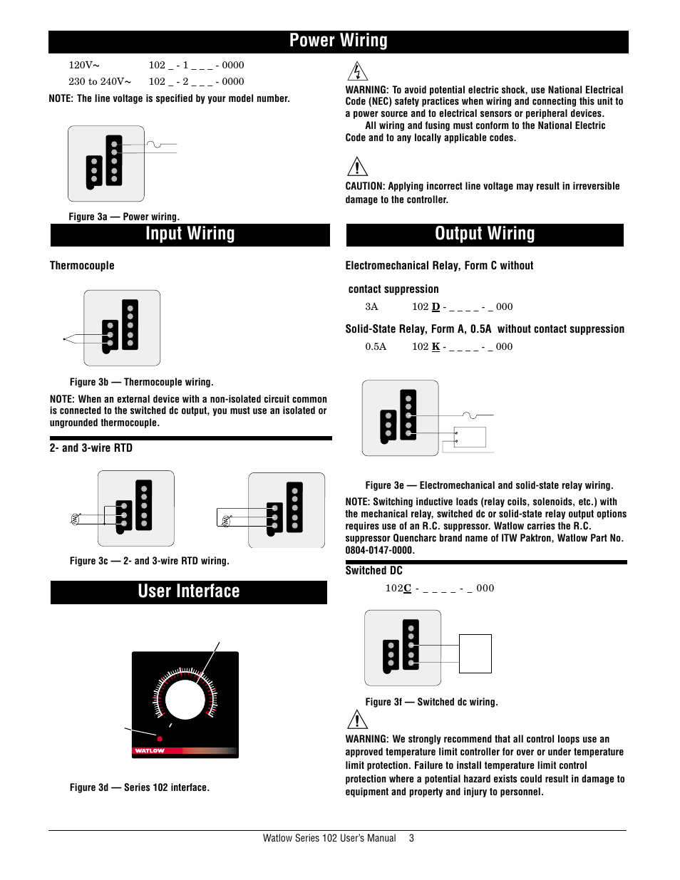 Power wiring, Input wiring, User interface | Output wiring, Thermocouple, And 3-wire rtd, Switched dc | Watlow Series 102 User Manual | Page 3 / 6