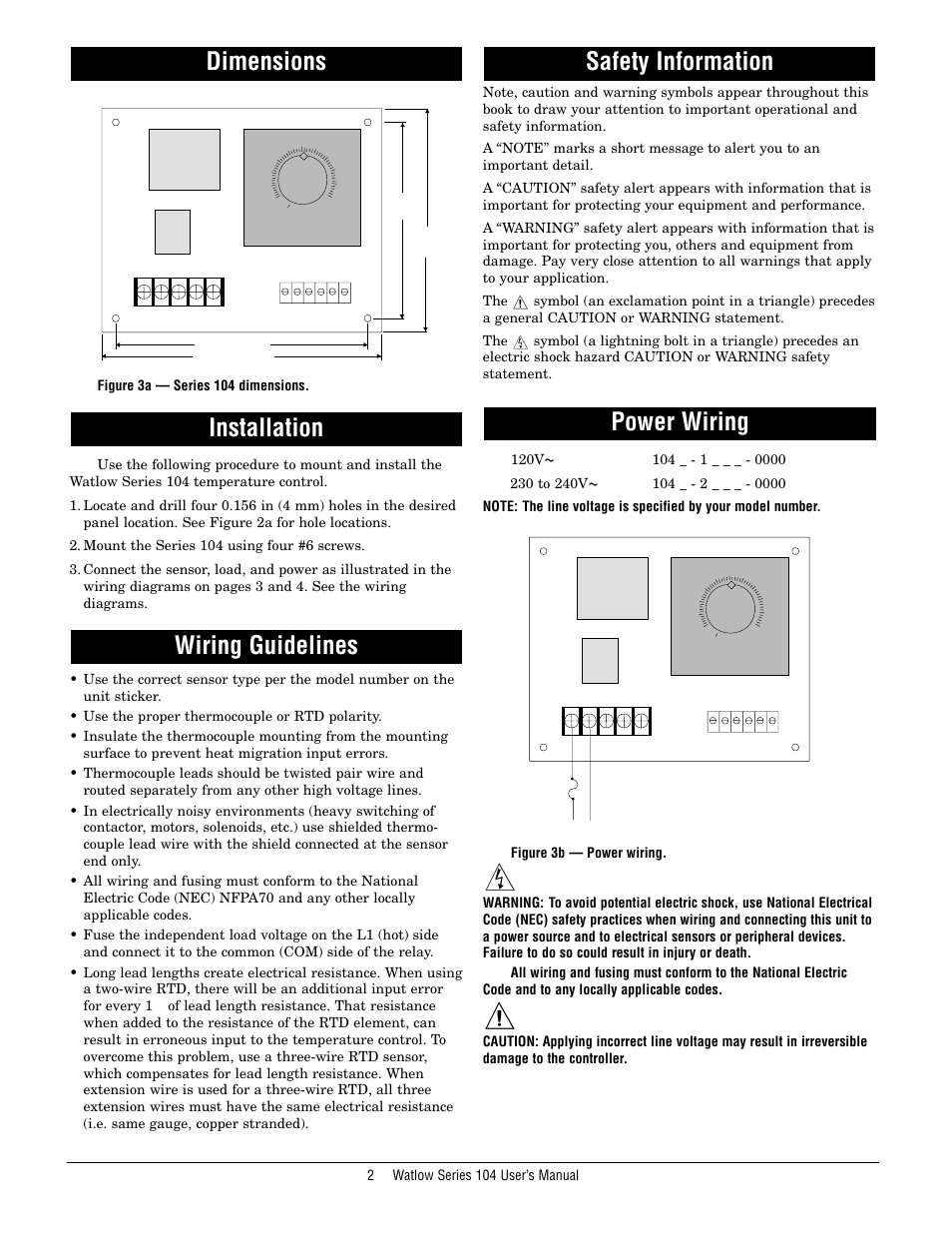 Dimensions, Installation, Wiring guidelines | Safety information, Power wiring | Watlow Series 104 User Manual | Page 2 / 6