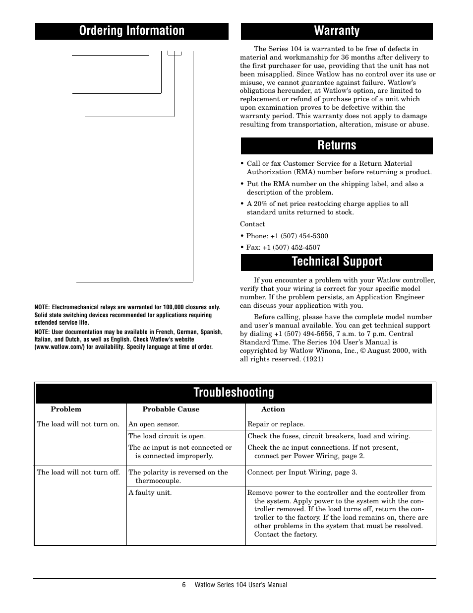 Ordering information, Warranty, Returns | Technical support, Troubleshooting | Watlow Series 104 User Manual | Page 6 / 6