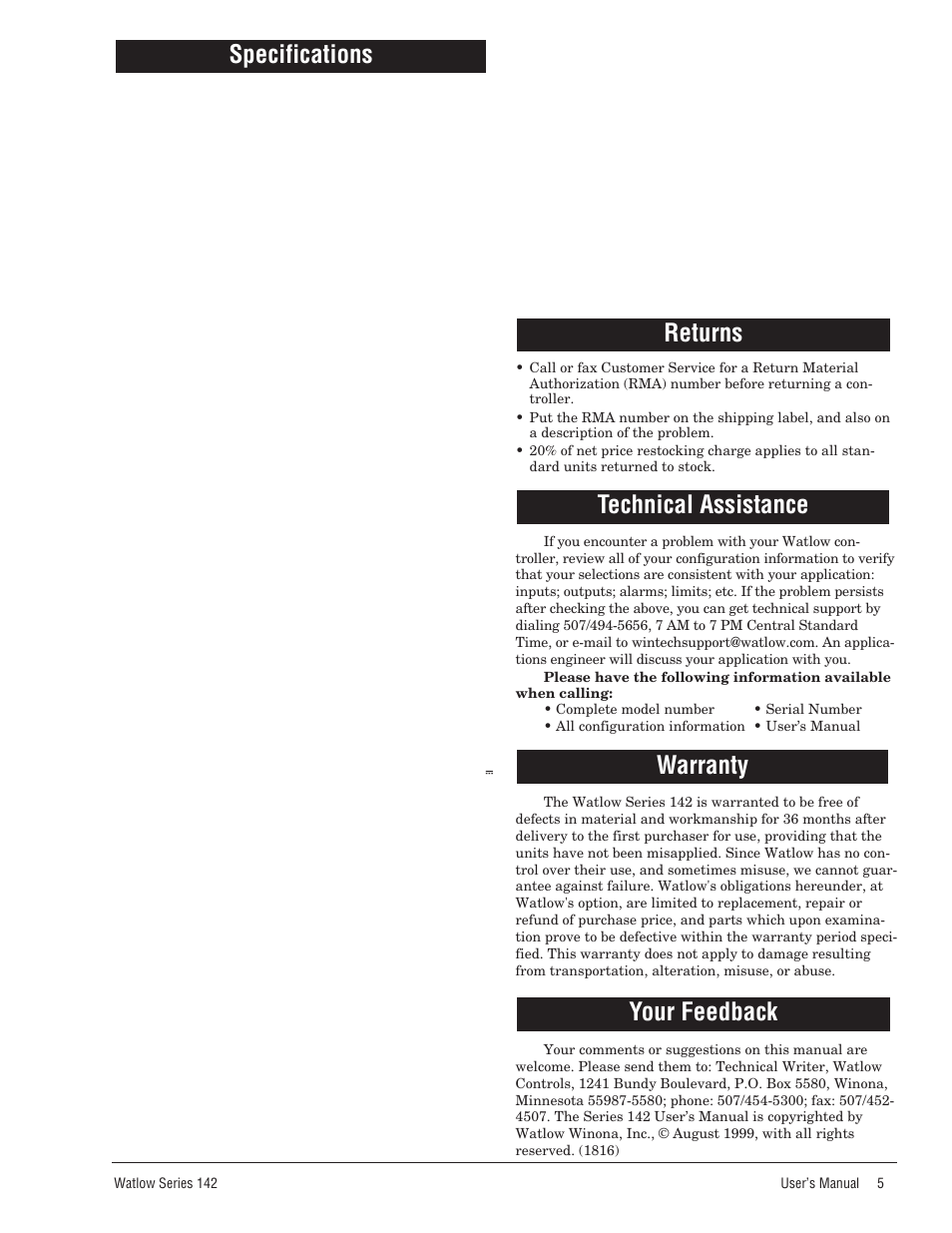 Specifications, Returns, Technical assistance | Warranty, Your feedback | Watlow Series 142 Retrofit User Manual | Page 51 / 54