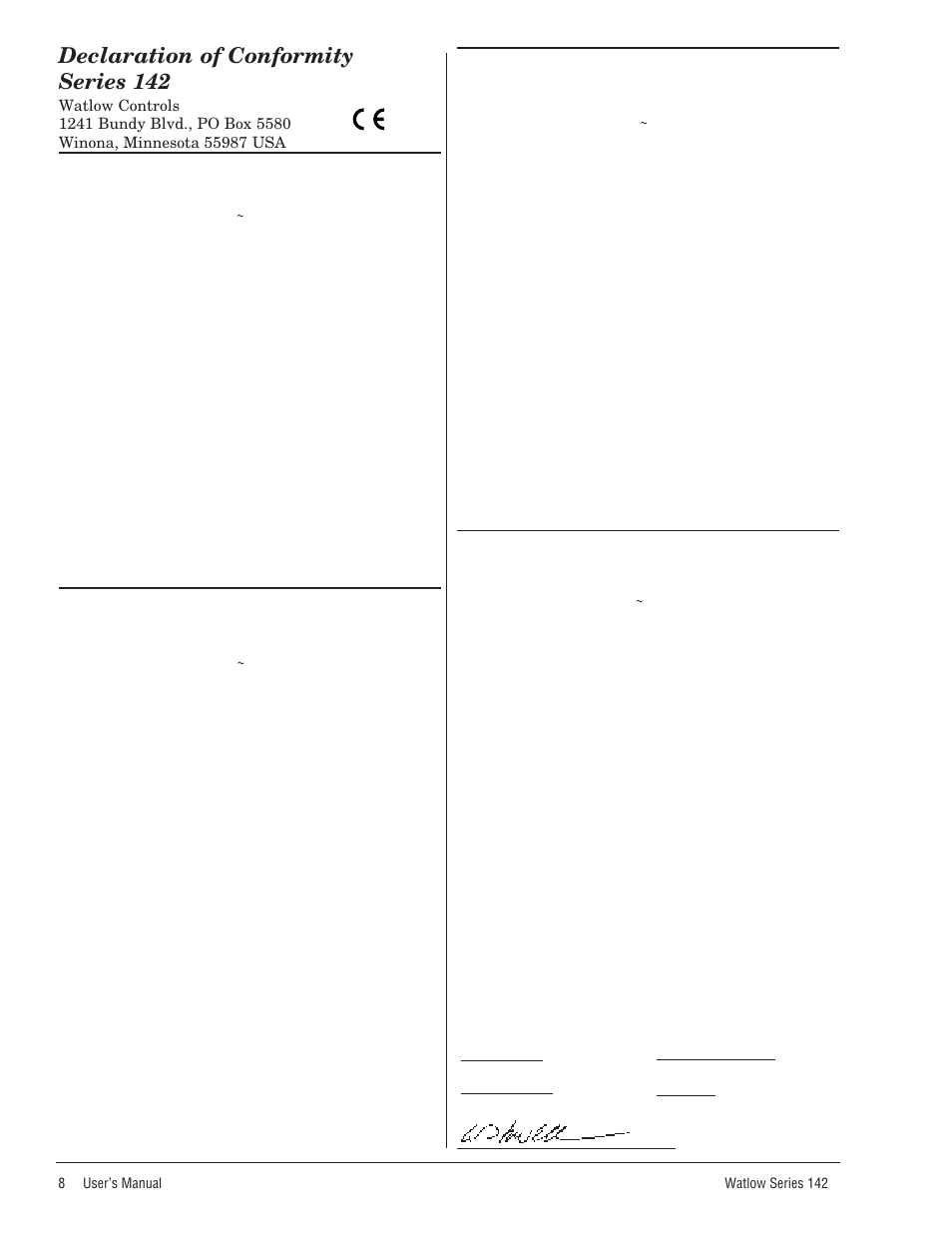Declaration of conformity, Declaration of conformity series 142 | Watlow Series 142 Retrofit User Manual | Page 54 / 54