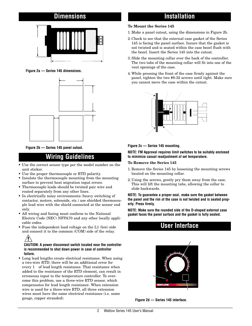 Dimensions, Wiring guidelines, Installation | User interface, Installation wiring guidelines | Watlow Series 145 User Manual | Page 2 / 6