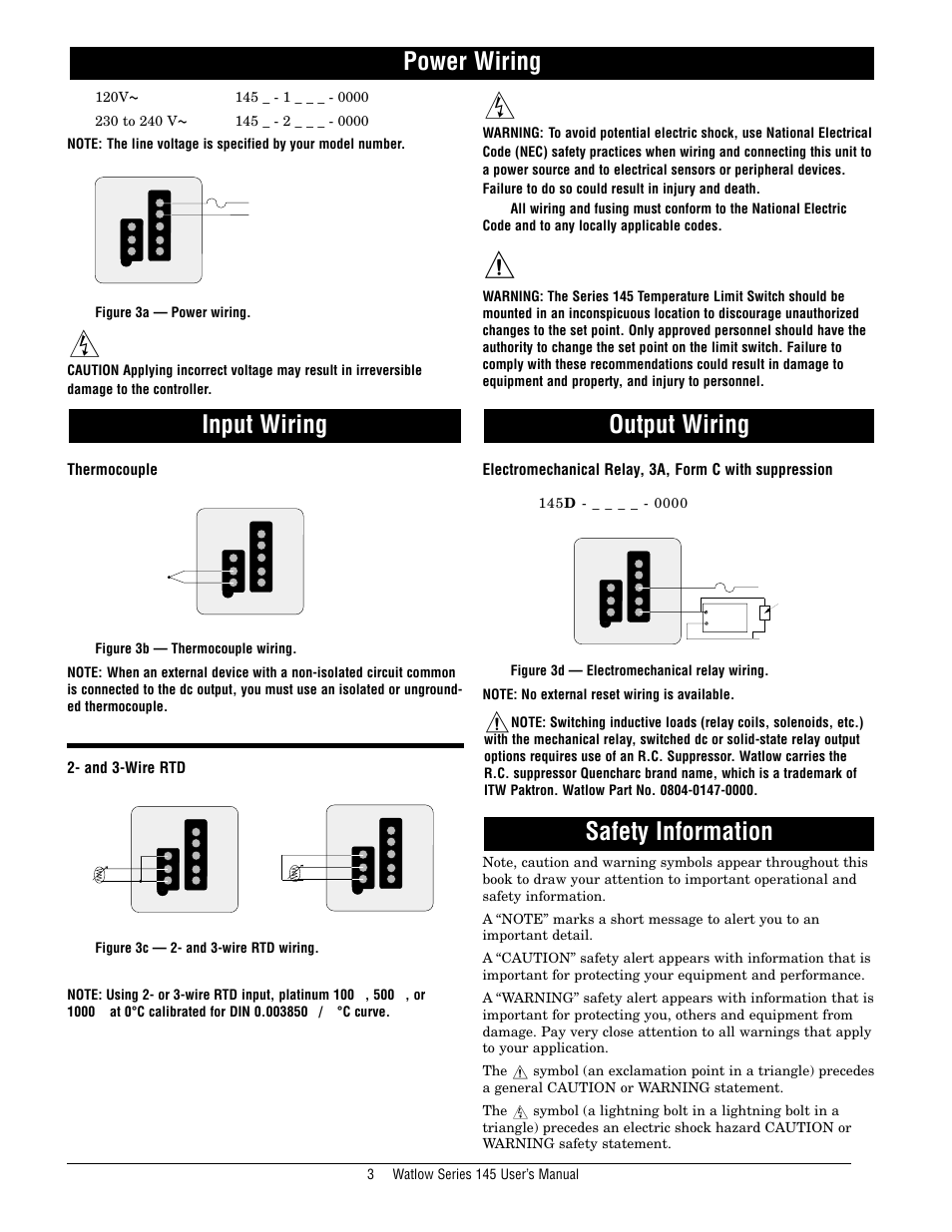 Power wiring, Input wiring, Output wiring | Safety information | Watlow Series 145 User Manual | Page 3 / 6