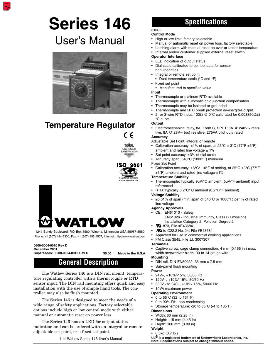 Series_146_eng_d.pdf, Series 146, General description | Specifications, User’s manual, Temperature regulator | Watlow Series 146 Retrofit User Manual | Page 112 / 118