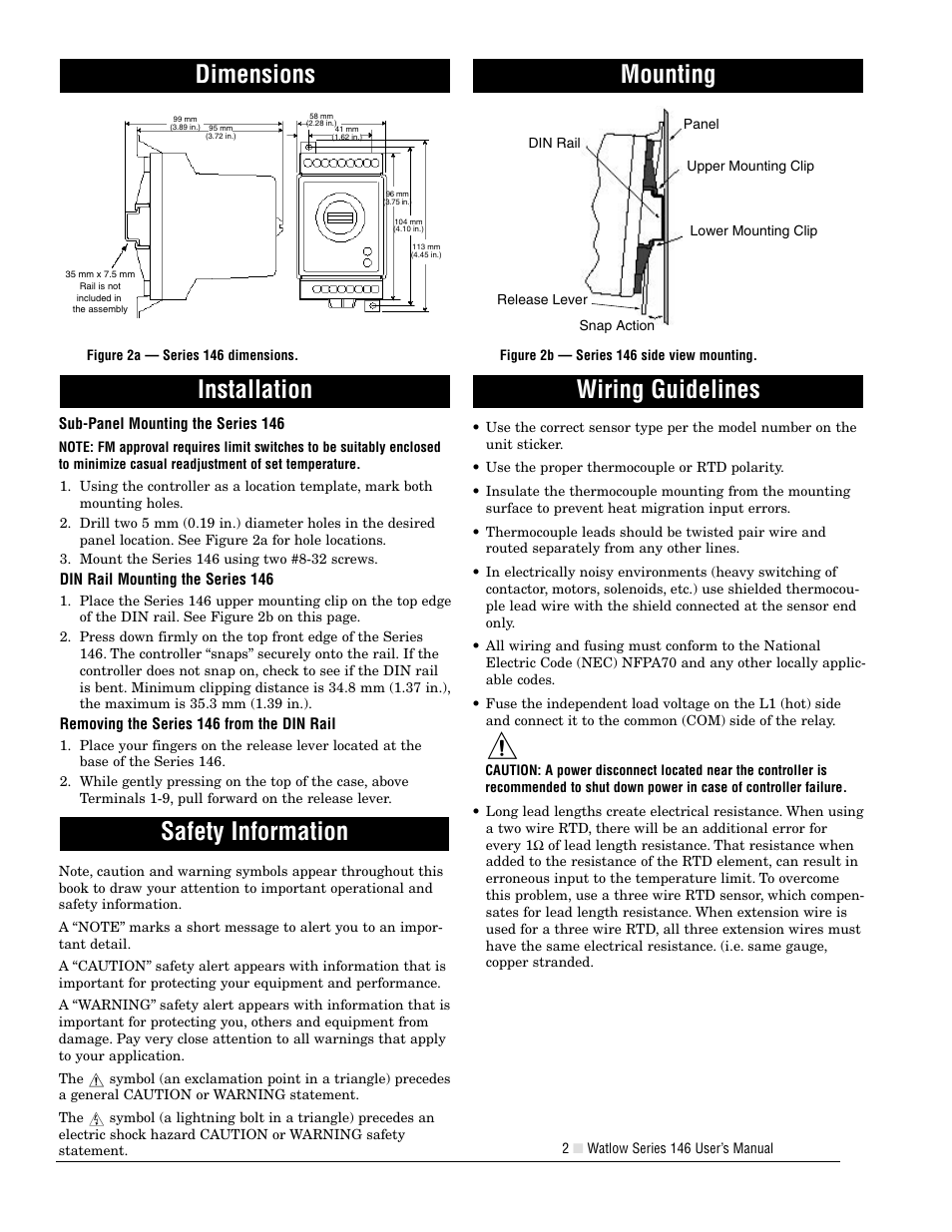 Dimensions, Installation, Safety information | Mounting, Wiring guidelines, Mounting safety information installation | Watlow Series 146 Retrofit User Manual | Page 113 / 118