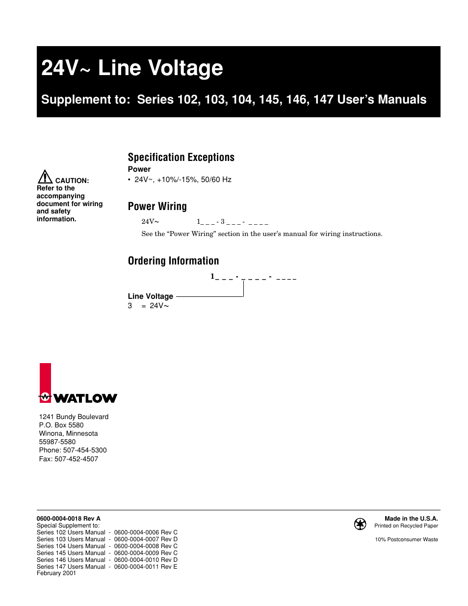 Series_102,103,104,145,146,147_24v_supp.pdf, 24v~ line voltage | Watlow Series 146 Retrofit User Manual | Page 118 / 118