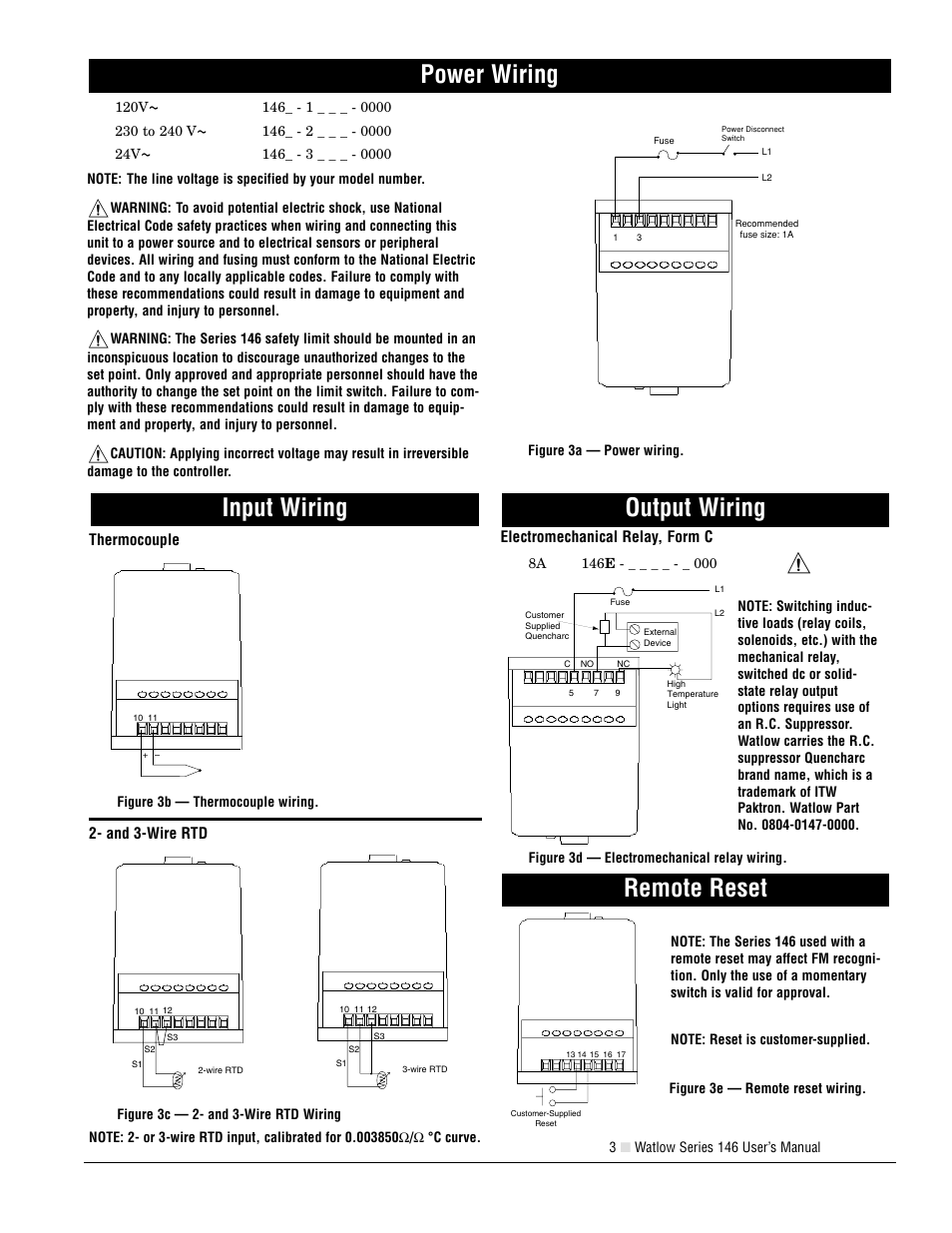 Power wiring, Input wiring, Output wiring | Remote reset | Watlow Series 146 User Manual | Page 3 / 6