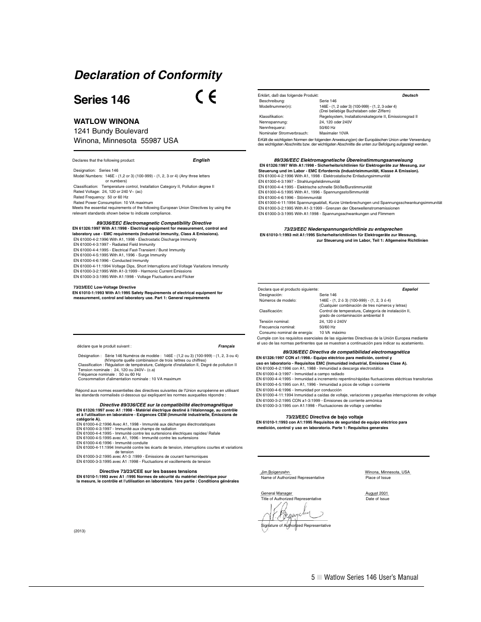 Declaration of conformity, Series 146, 5■ watlow series 146 user’s manual | Watlow Series 146 User Manual | Page 5 / 6