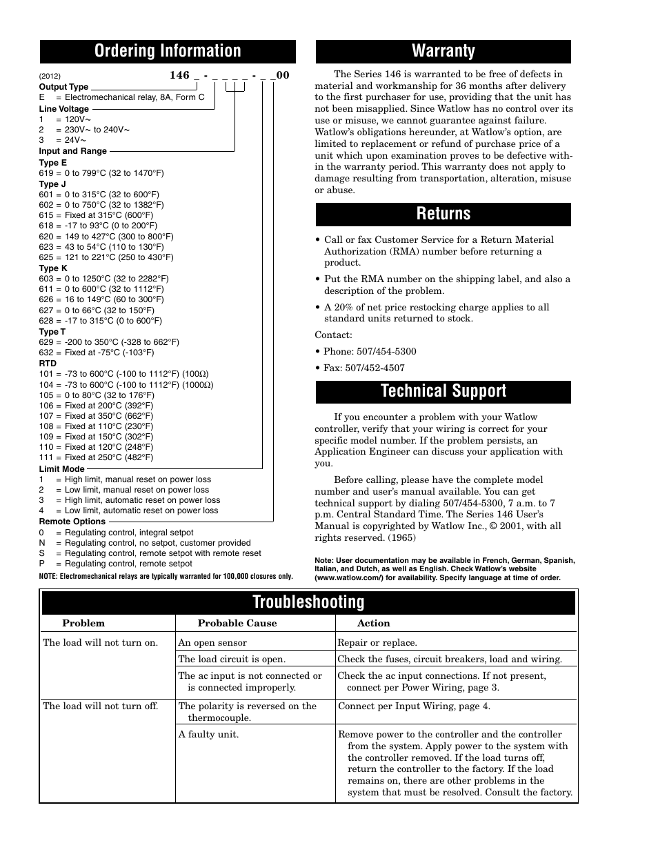 Ordering information, Warranty, Returns | Technical support, Troubleshooting | Watlow Series 146 User Manual | Page 6 / 6