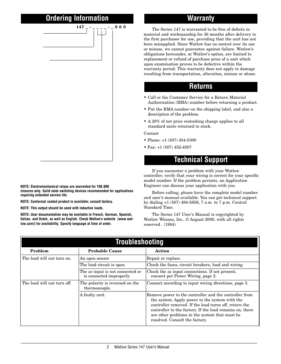 Ordering information, Warranty, Returns | Technical support, Troubleshooting | Watlow Series 147 User Manual | Page 2 / 6