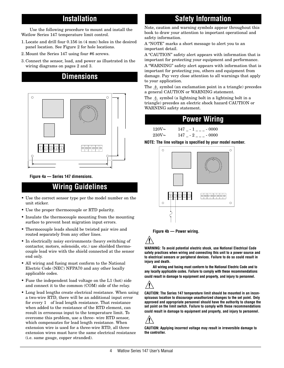 Installation, Dimensions, Wiring guidelines | Safety information, Power wiring, Power wiring safety information wiring guidelines, Dimensions installation | Watlow Series 147 User Manual | Page 3 / 6