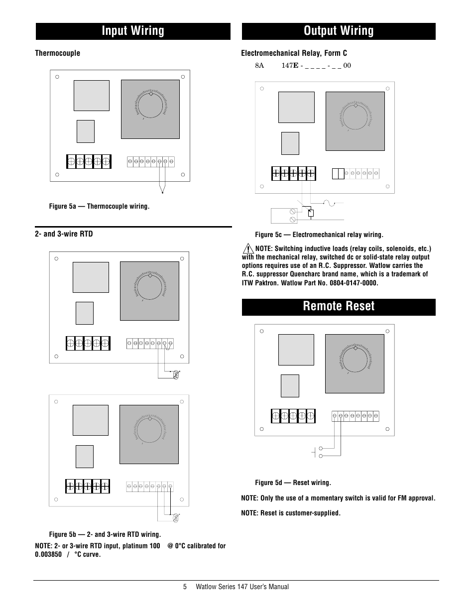 Input wiring, Output wiring, Remote reset | Thermocouple, And 3-wire rtd, Electromechanical relay, form c, 5■ watlow series 147 user’s manual, Figure 5a — thermocouple wiring | Watlow Series 147 User Manual | Page 5 / 6