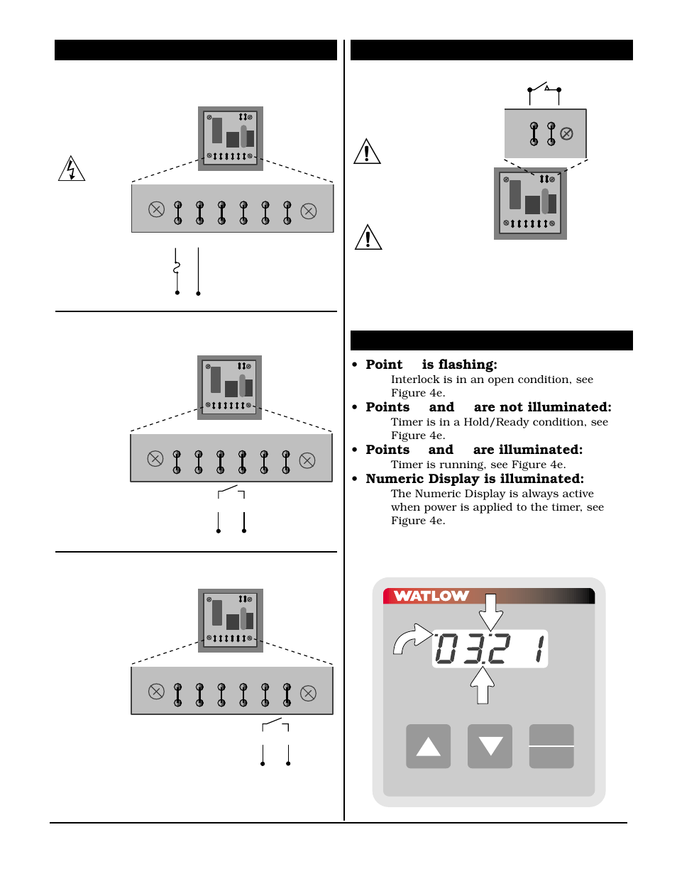 Wiring, Displays, Power wiring | Output 1 wiring output 2 wiring interlock wiring, Point ➀ is flashing, Points ② and ➂ are not illuminated, Points ② and ➂ are illuminated, Numeric display is illuminated, L1 l2 fuse, Cno 1 | Watlow Series 321 User Manual | Page 4 / 6