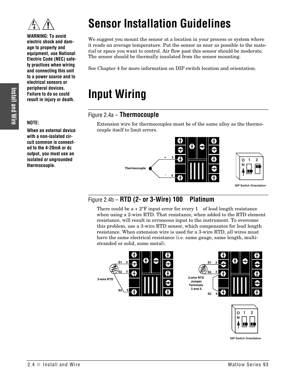 Sensor installation guidelines, Input wiring, Sensor installation guidelines input wiring | Thermocouple, Install and wire, Figure 2.4a, Figure 2.4b | Watlow Series 93 User Manual | Page 10 / 52