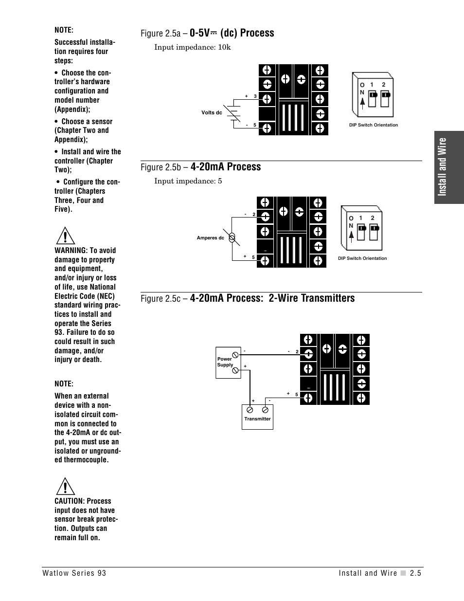 5v î (dc) process, 20ma process, 20ma process: 2-wire transmitters | Install and wire, Figure 2.5a, Figure 2.5b, Figure 2.5c | Watlow Series 93 User Manual | Page 11 / 52