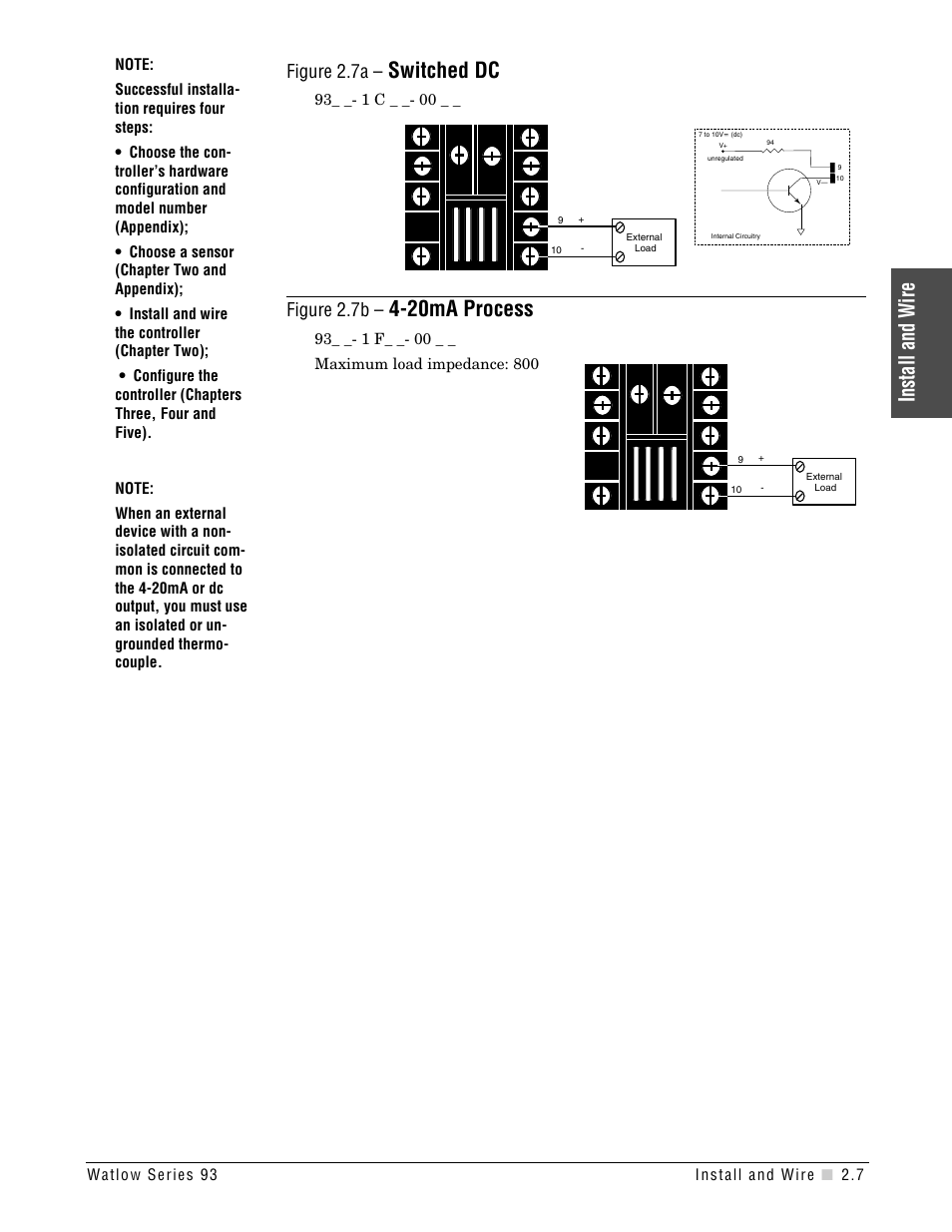 Switched dc, 20ma process, Install and wire | Figure 2.7a, Figure 2.7b | Watlow Series 93 User Manual | Page 13 / 52