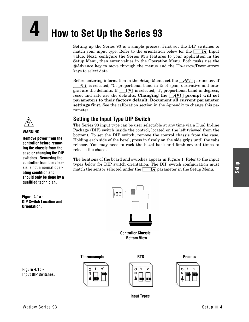 Chapter 4, How to set up the series 93, Chapter 4: how to set up the series 93 | Setting the input type dip switch | Watlow Series 93 User Manual | Page 19 / 52