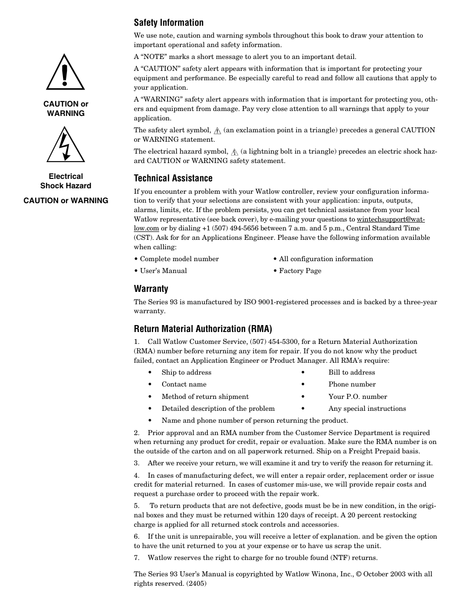 Safety information, Technical assistance, Warranty | Watlow Series 93 User Manual | Page 2 / 52