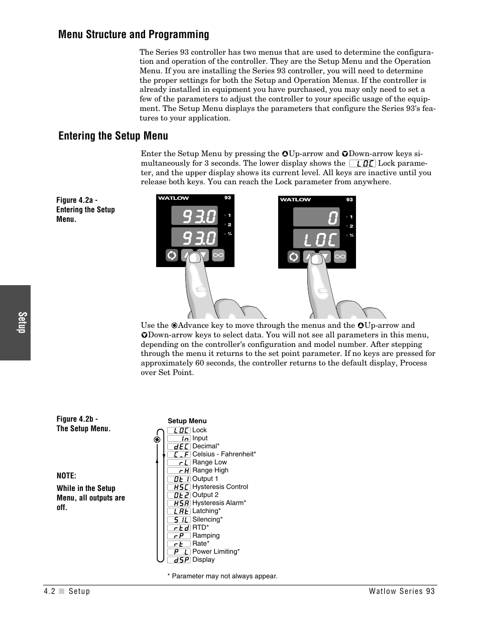 Entering setup menu, Entering the setup menu a the setup menu b, Setup | Menu structure and programming, Entering the setup menu | Watlow Series 93 User Manual | Page 20 / 52