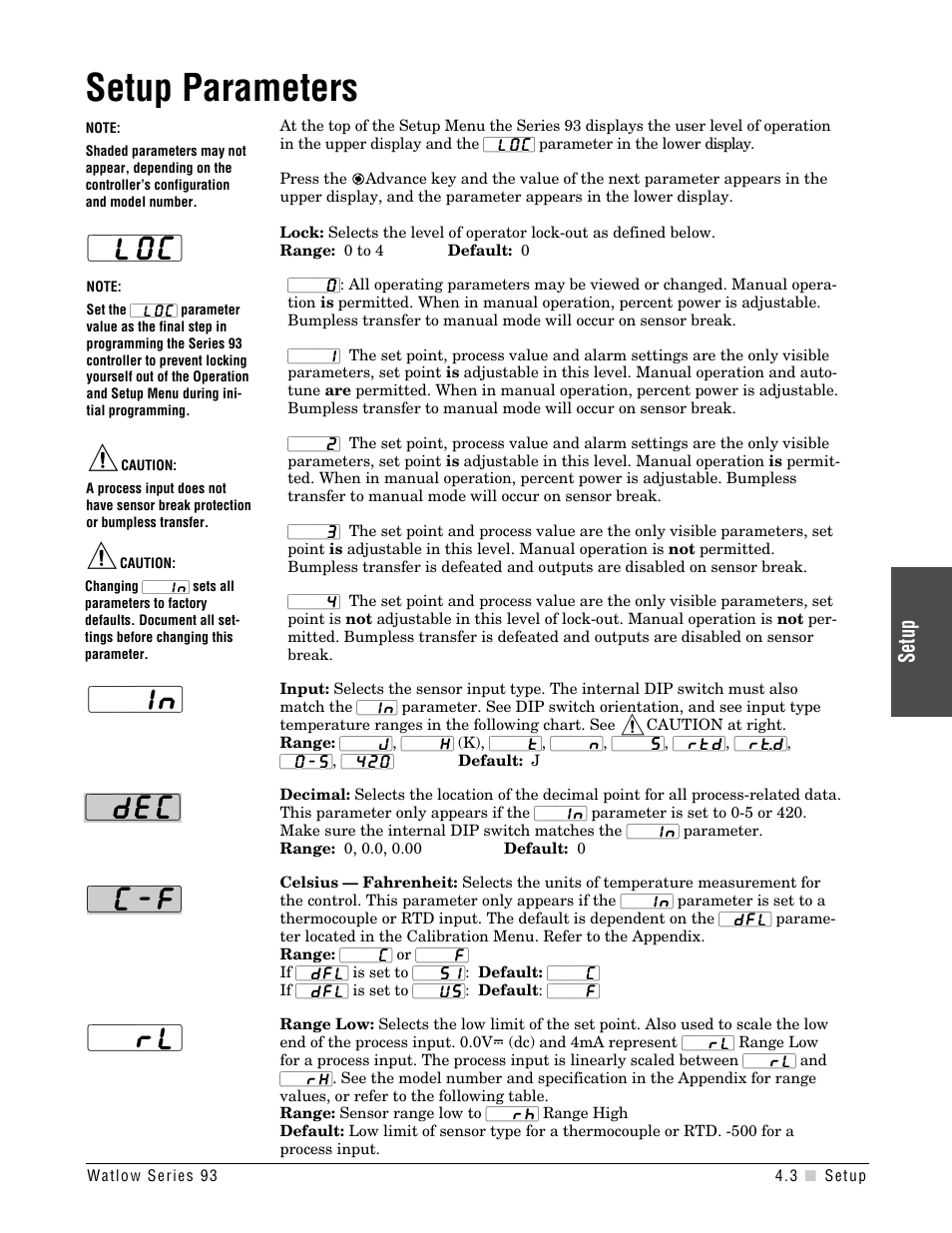 Setup parameters, In} {`dec} {`c-f} ç, Setup | Watlow Series 93 User Manual | Page 21 / 52