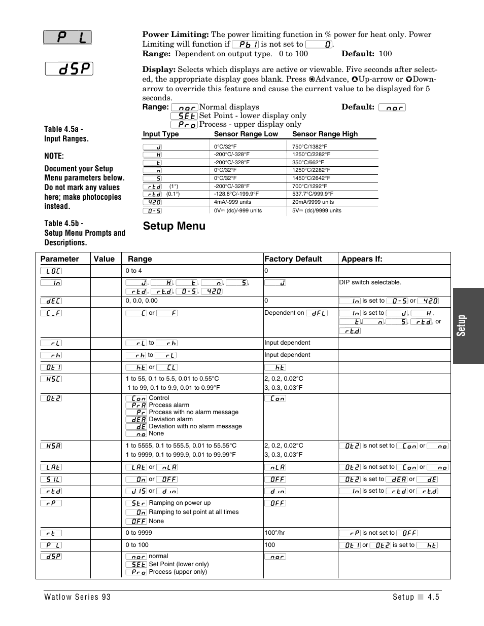 Setup menu table, Setup, Setup menu | Watlow Series 93 User Manual | Page 23 / 52