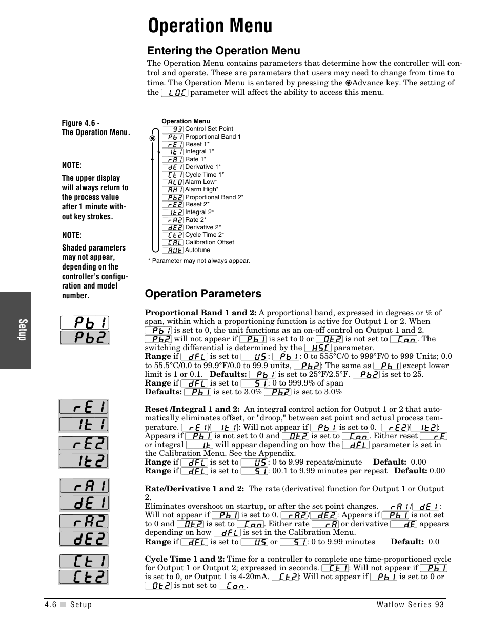 Operation menu, Operation parameters, The operation menu | Setup, Entering the operation menu | Watlow Series 93 User Manual | Page 24 / 52