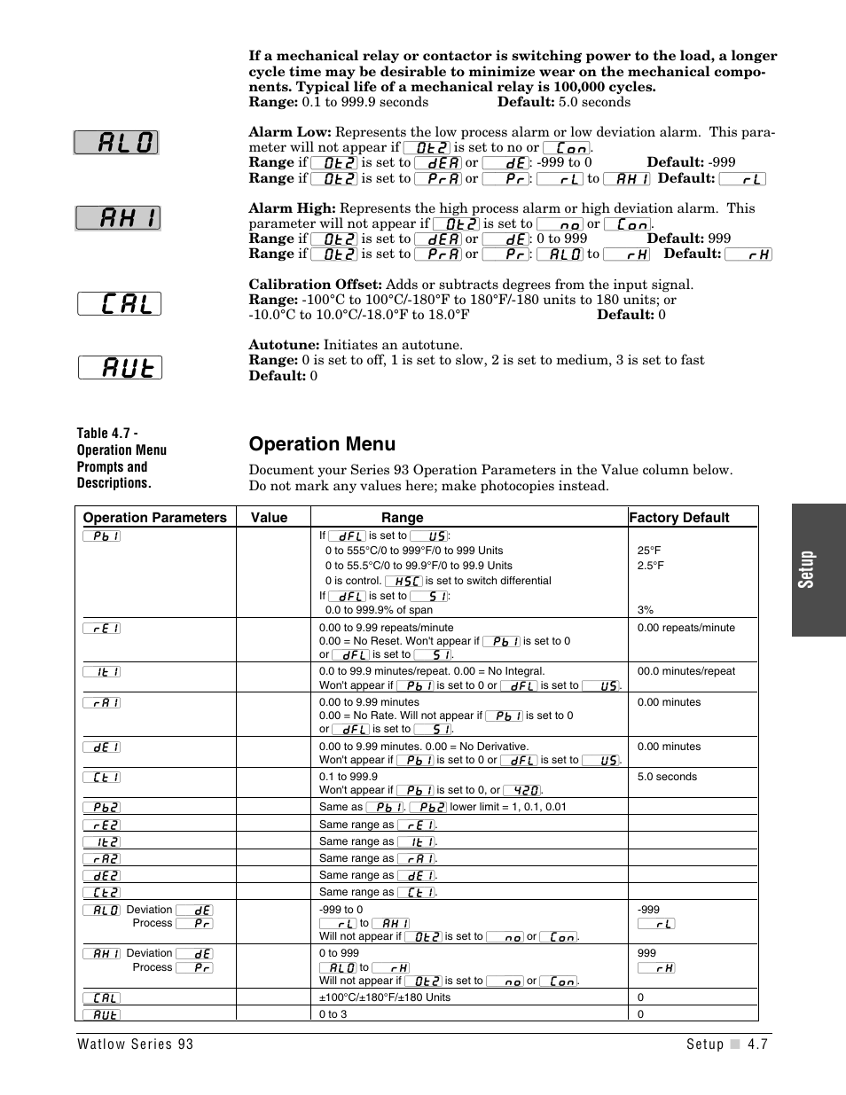 Operation menu table, Operation menu prompts and descriptions, Ahi} {`aut} {`cal | Setup, Operation menu | Watlow Series 93 User Manual | Page 25 / 52