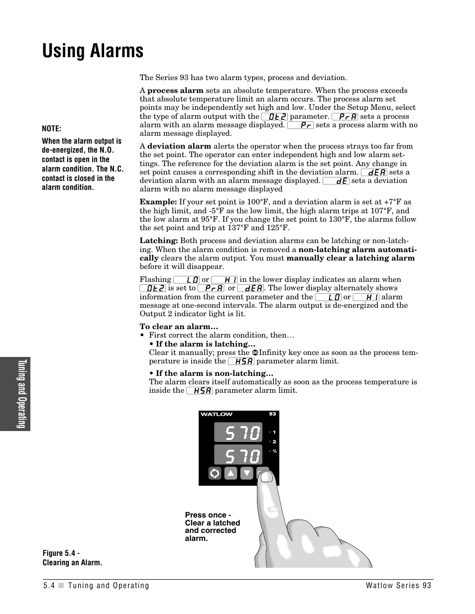 Using alarms, Clearing an alarm, Tuning and operating | Watlow Series 93 User Manual | Page 30 / 52