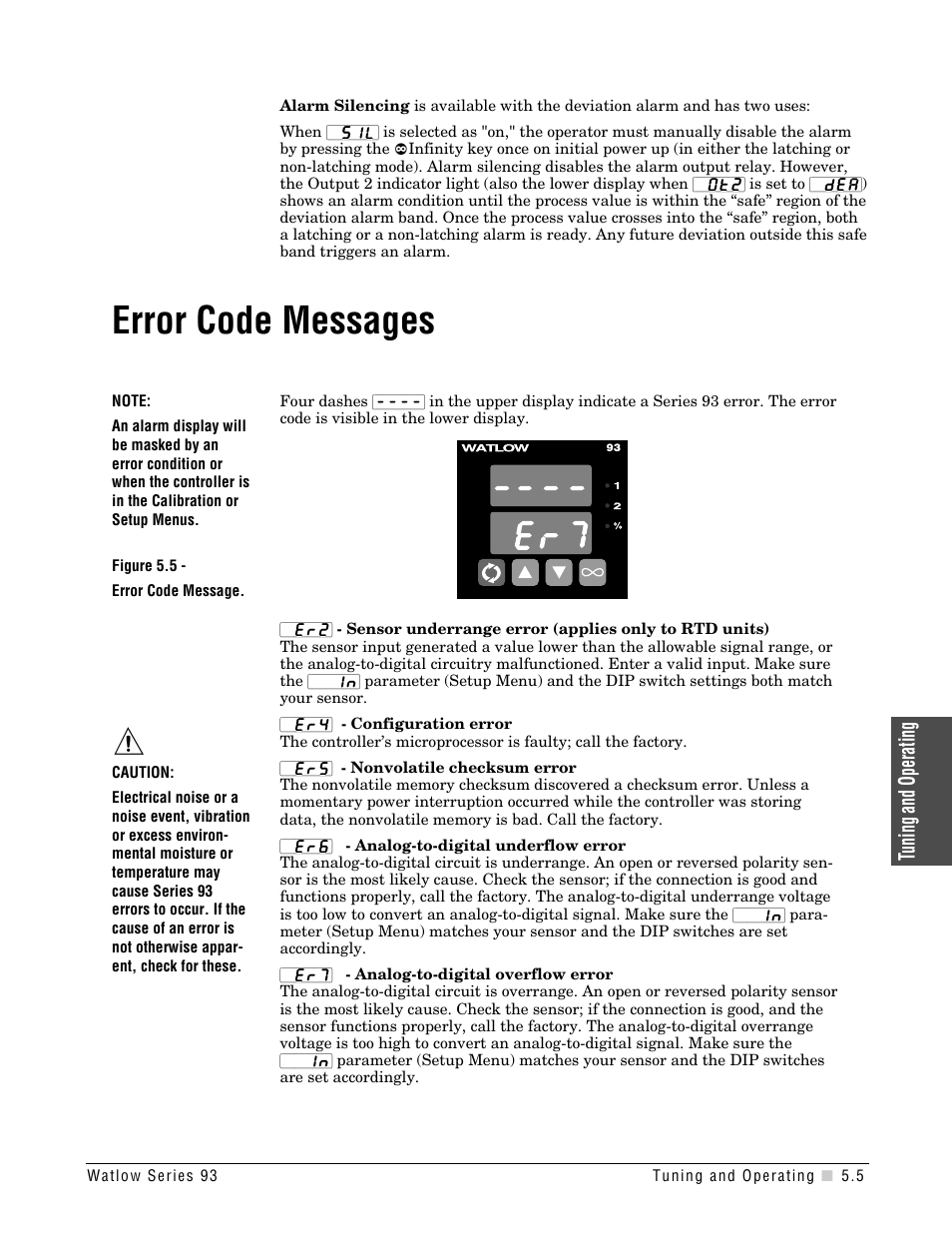 Error code messages, Error code message, Tuning and operating | Watlow Series 93 User Manual | Page 31 / 52