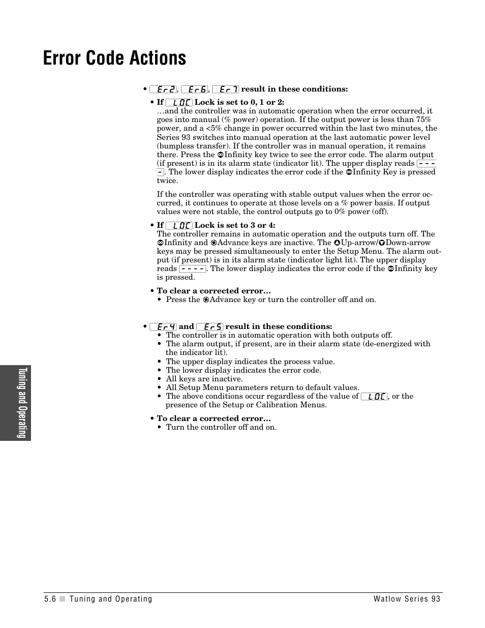 Error code actions, Tuning and operating | Watlow Series 93 User Manual | Page 32 / 52