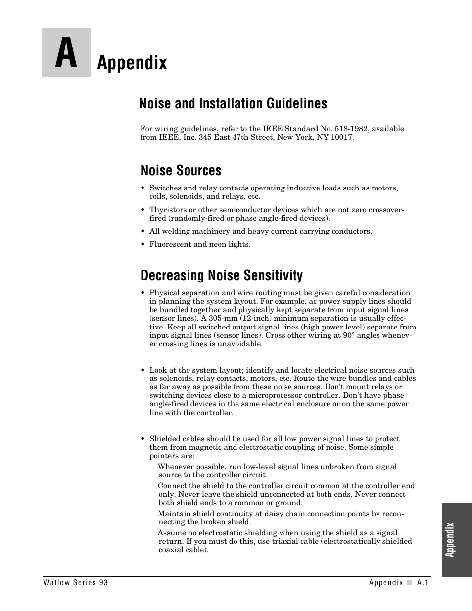 Appendix, Noise and installation guidelines, Noise sources | Decreasing noise sensitivity | Watlow Series 93 User Manual | Page 33 / 52