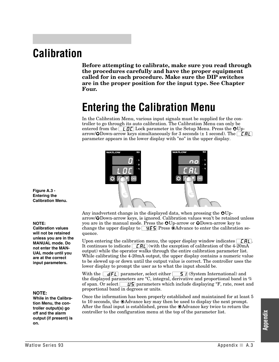 Calibration, Entering the calibration menu, Appendix | Watlow Series 93 User Manual | Page 35 / 52