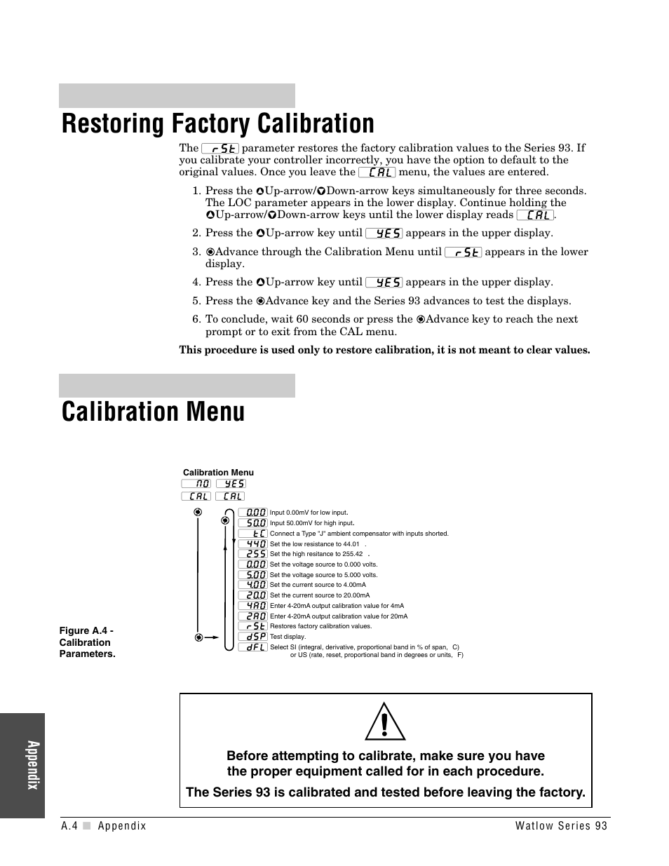 Restoring factory calibration, Calibration menu, Appendix | Watlow Series 93 User Manual | Page 36 / 52