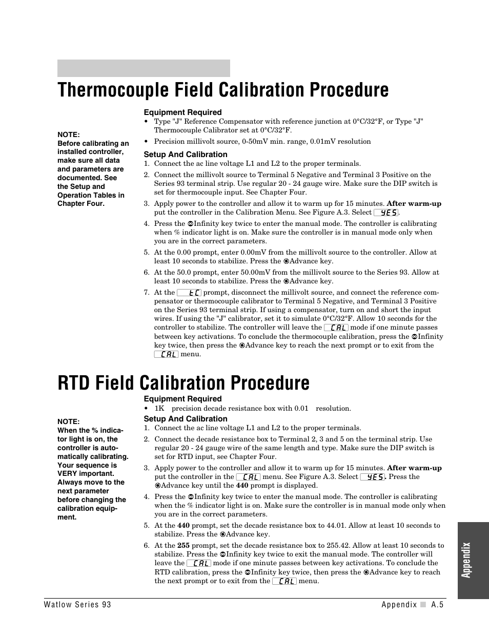 Thermocouple field calibration procedure, Rtd field calibration procedure, Appendix | Watlow Series 93 User Manual | Page 37 / 52