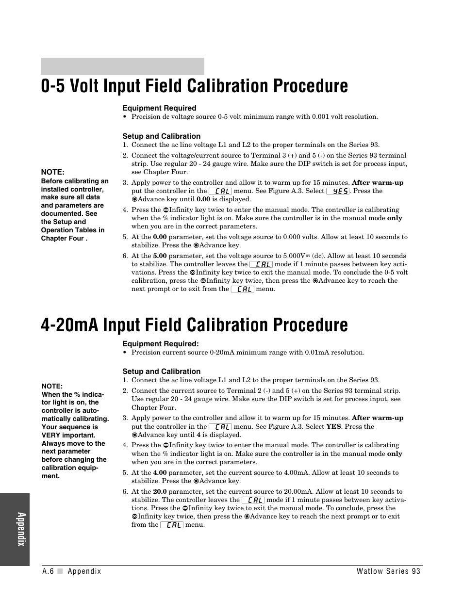 5 volt input field calibration procedure, 20ma input field calibration procedure, Appendix | Watlow Series 93 User Manual | Page 38 / 52