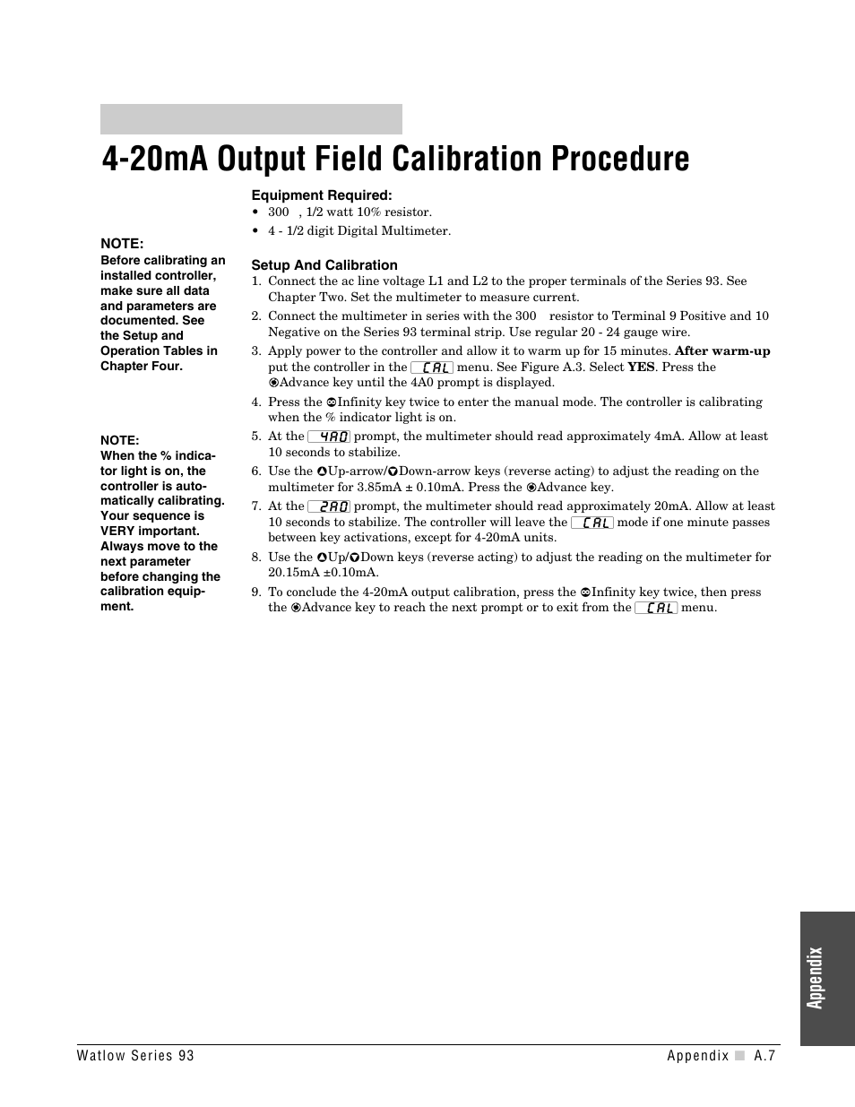 20ma output field calibration procedure, Appendix | Watlow Series 93 User Manual | Page 39 / 52